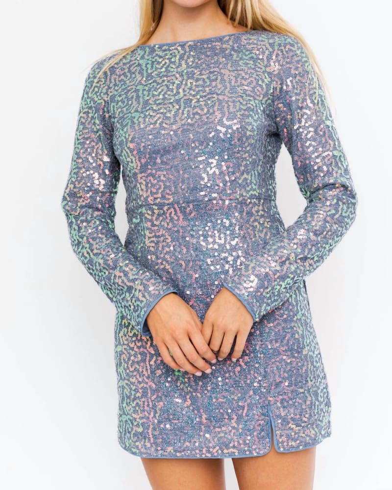 Front of a model wearing a size Large Deserei Sequin Mini Dress in Dusty Blue in Dusty Blue by LE LIS. | dia_product_style_image_id:335470